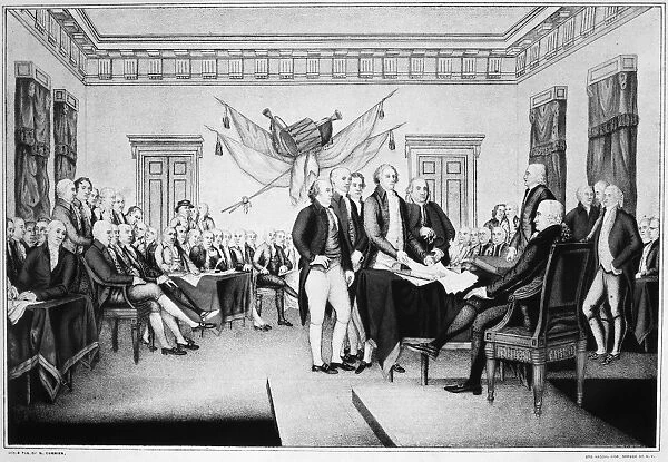 The signing of the Declaration of Independence in Congress at the Independence Hall, Philadelphia, Pennsylvania, 4 July 1776. Lithograph by Nathaniel Currier after the painting by John Trumbull