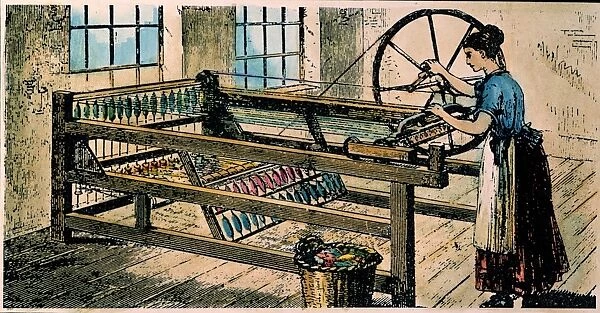 THE SPINNING JENNY. Designed by John Hargreaves in 1767. Color engraving, 19th century