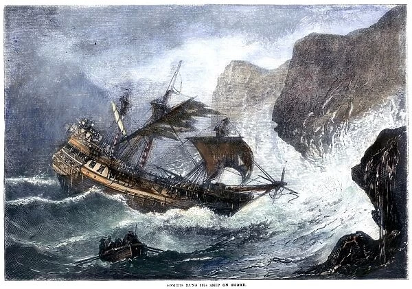 VIRGINIA COMPANY SHIPS, 1609. One of the Virginia Company ships, commanded by Sir George Somers and carrying settlers for Jamestown, is shipwrecked in the Bermudas, 1609. Colored engraving, 19th century