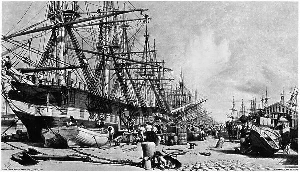 WEST INDIAN DOCK, c1880. View of Londons West India Dock. Lithograph, c1880