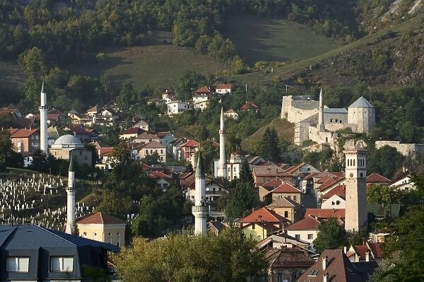 Bosnia and Herzegovina, Travnik, view of the town with its minarets and medieval castle