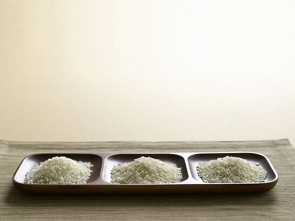 Three different types of rice, Thai jasmine rice, Basmati rice and Japanese medium grain rice