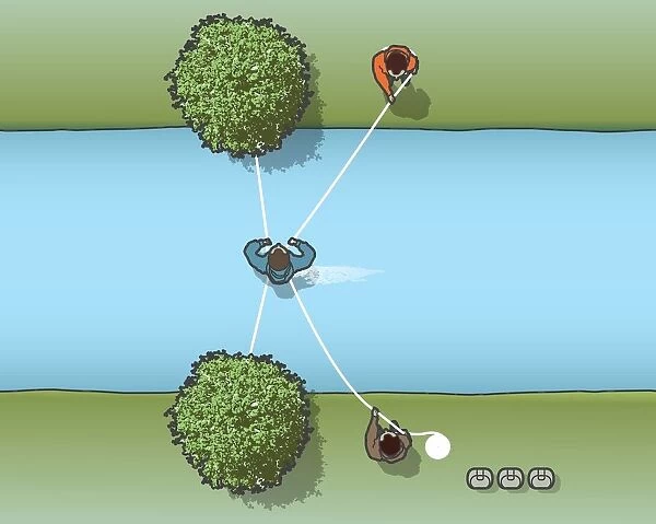 Digital illustration showing how to safely cross water with two men holding rope tied to trees on opposite banks and man waist deep in centre of water