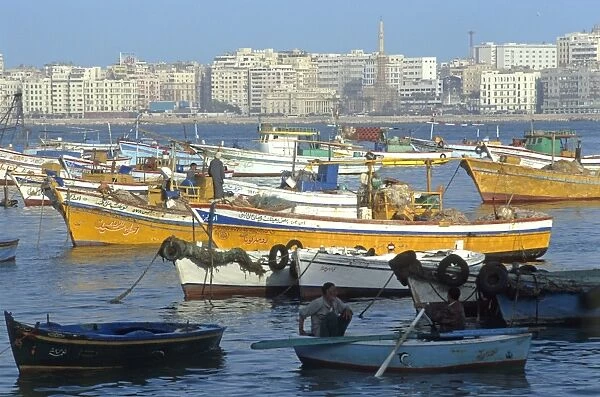 Egypt, Alexandria, large and small fishing boats in harbour, with modern hotels overlooking San Stefano beach