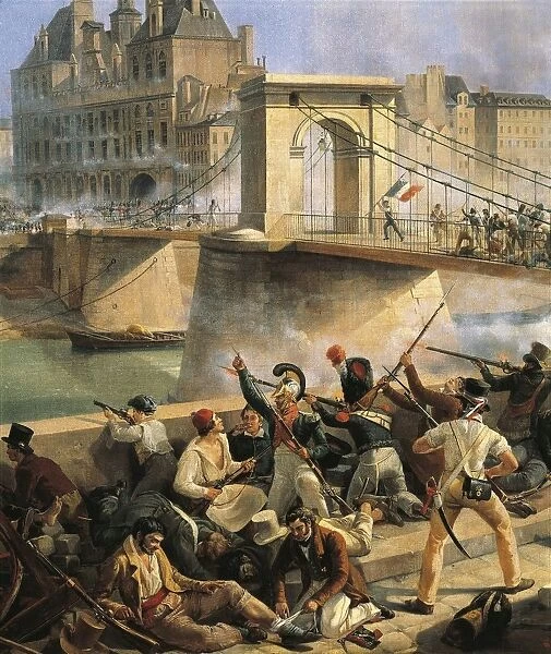 France, Versailles, Revolution of 1830, Attack to the Hotel de Ville and battle on the Arcole Bridge in Paris on July 28, detail the battle