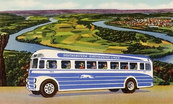 Greyhound Bus. ca. 1940, USA, SOUTHEASTERN GREYHOUND LINES. TWO DE LUXE FLORIDA LIMITEDS. The sender is a passenger aboard one of Southeastern Greyhound Lines two famous Florida Limiteds-the Florida Sunshiner and Florida Sun Chief, finest, fastest and most luxurious bus service between Florida and the Mid-West. The route is through the Kentucky Blue Grass country, past Lookout Mountain at Chattanooga and the Gone with the Wind country of Georgia