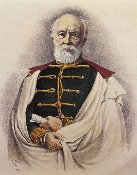 Hungary, Budapest, Portrait of Hungarian political leader Lajos Kossuth (1802 - 1894), color engraving