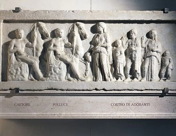 Marble relief with Dioscuri, Castor, Pollux and worshippers procession, from Rome