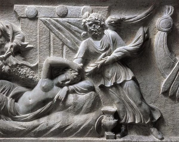 Marble sarcophagus with relief depicting life of Ariadne at Naxos, detail of Ariadne asleep, protected by Hypnos, god of sleep, from Alexandria