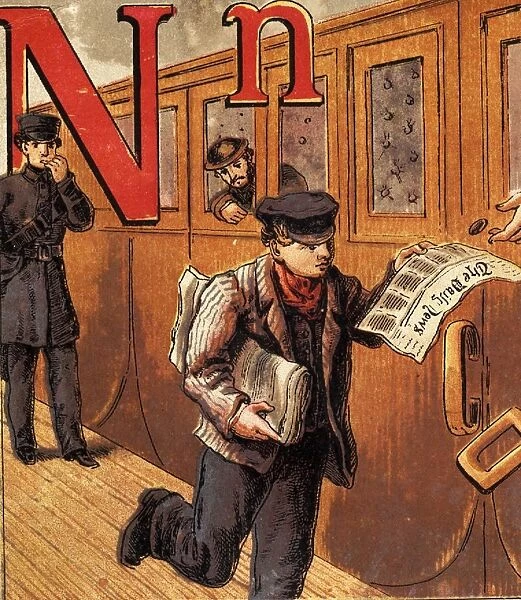 Newsboy running along the platform and selling papers to passengers on a railway train