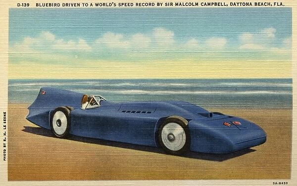 Record-Setting Bluebird. ca. 1935, Daytona Beach, Florida, USA, D-139. BLUEBIRD DRIVEN TO A WORLDs SPEED RECORD BY SIR MALCOLM CAMPBELL, DAYTONA BEACH, FLA. DAYTONA BEACH, FLA. The great beach constitutes the most unique drive in the world. From above Ormond Beach to the Inlet it is a tide packed pavement, 500 feet wide and over 33 miles in length. It is unbelievably smooth and directly at sea level. Thousands visit Daytona Beach just for the breathtaking thrill of a spin down the length of this greatest of all speedways. The International Speed Trials are a great feature of the Winter seasons