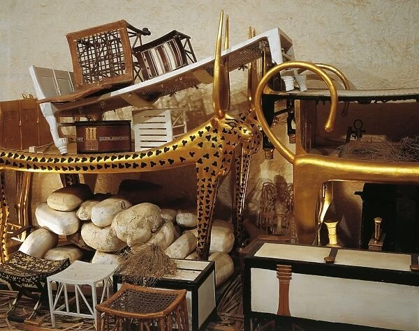 Replica of antechamber of tomb with parts of beds and furniture for eternity, from King Tutankhamens tomb