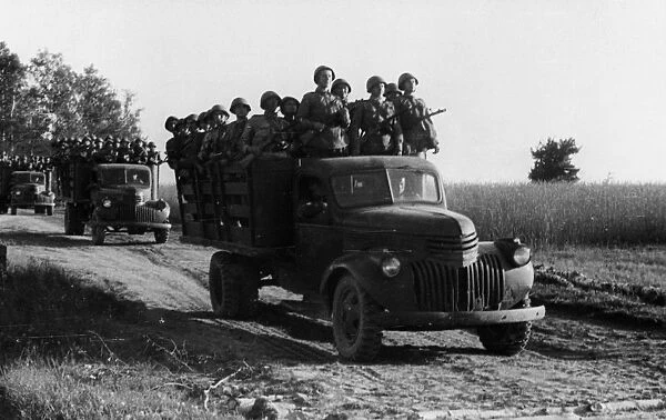 Soviet troops being taken to the firing lines in july 1943, the trucks are american, sent as part of the lend-lease program