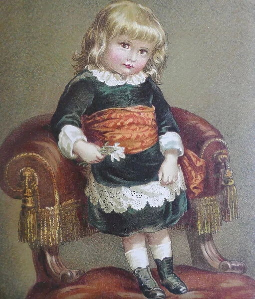 Blond girl standing on chair, her first portrait