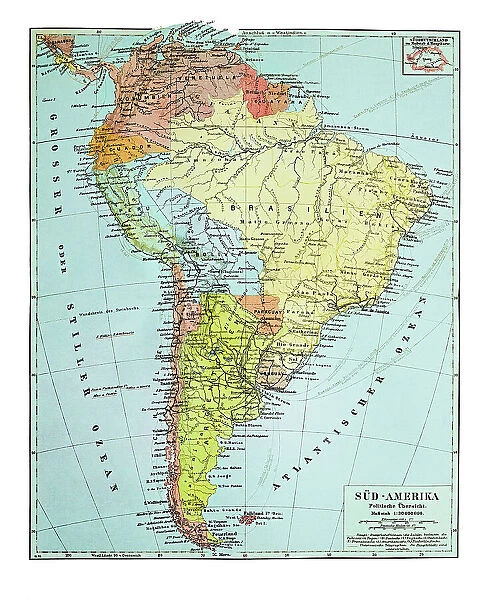 Old map of South America continent