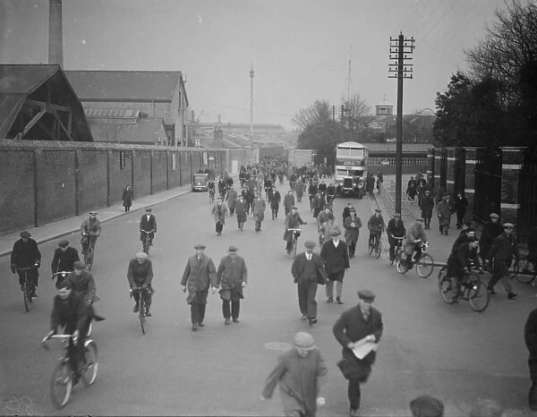 Dockers arriving for work at Chatham dockyard. 1938
