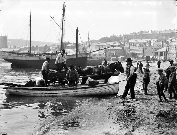 Unloading fish in St Ives harbour, Cornwall. 1903