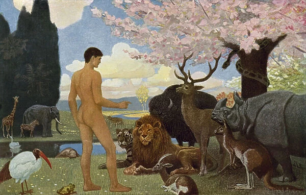 Adam gives the animals their names (colour litho)