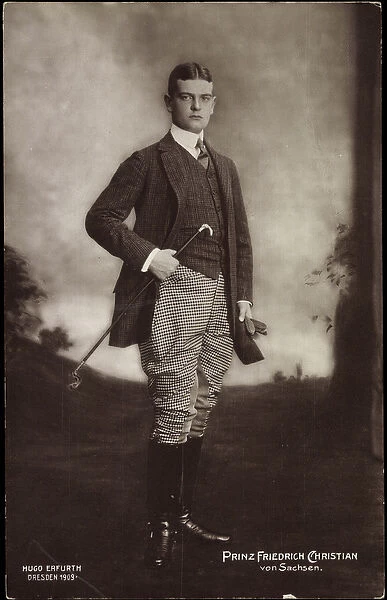 Ak Prince Friedrich Christian of Saxony, Suit, Riding Boots, Riding Whip (b  /  w photo)