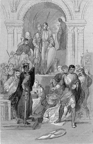 Anglo-Saxon England: Harold swearing on the Relics of the Saints (engraving)