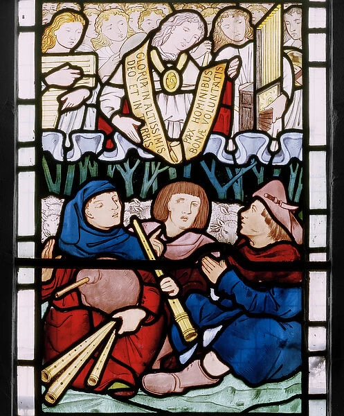 Annunciation to the shepherds, east window predella, 1864 (stained glass)