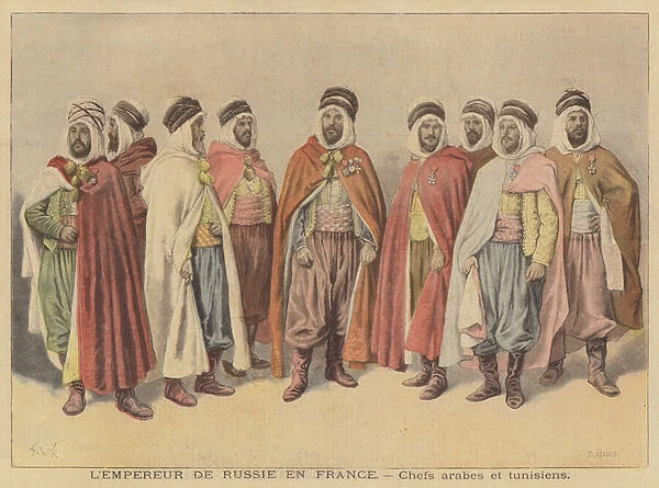 Arab and Tunisian chiefs in Paris for the visit of Tsar Nicholas II of Russia (colour litho)