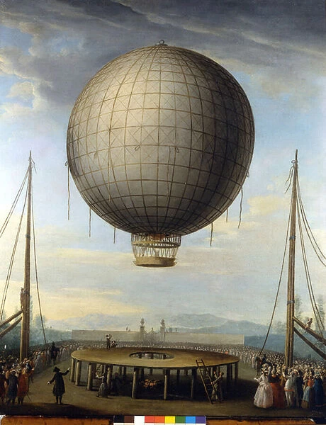 The ascent of Paolo Andreani on 25  /  2  /  1784 in Milan. Painting by F. Battaglini