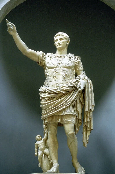 Augustus Caesar: Gaius Julius Caesar Octavianus (63 BC-14 AD), first Roman Emperor from 27 BC. Marble statue in the Vatican, Rome