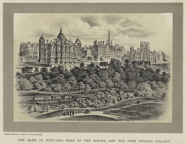 The Bank of Scotland, Head of the Mound, and the Free Church College (engraving)