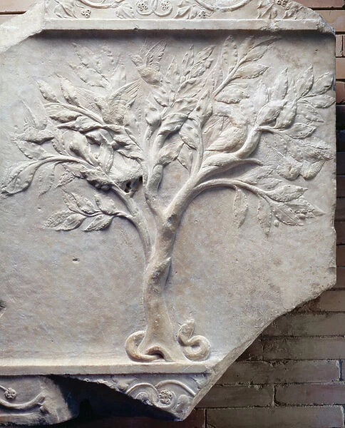 Bas-relief of a tree, with birds in the branches and a snake at the base (marble)