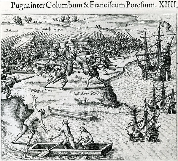 Battle in Jamaica between Christopher Columbus (1451-1506) and Francisco Poraz, 1504