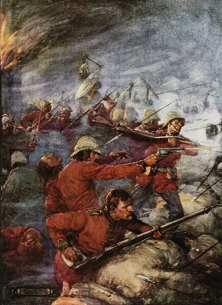 Battle of Rorkes Drift, Natal, Angol-Zulu War, 1879 (colour litho)