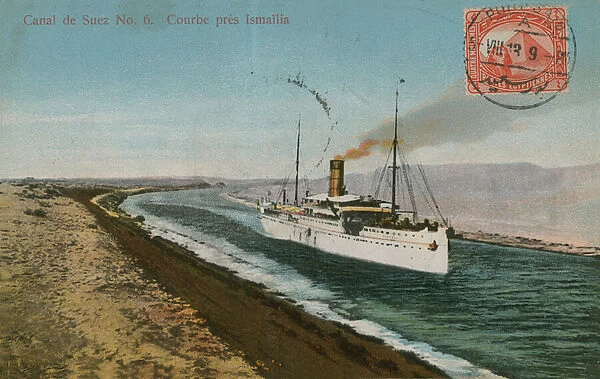 Bend near Ismailia, Suez Canal. Postcard sent in 1913