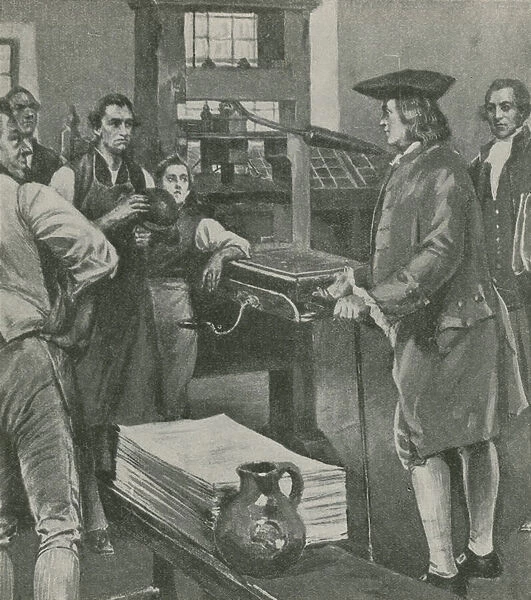 Benjamin Franklin calling at his old masters printing works in London (litho)
