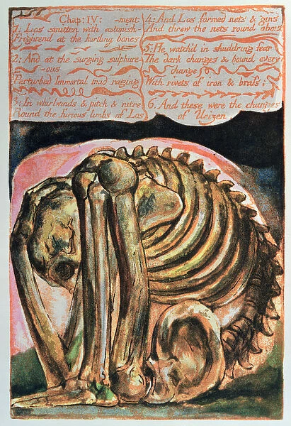 Book of Urizen; the creation of Urizen in material form by Los, 1794 (colour-printed