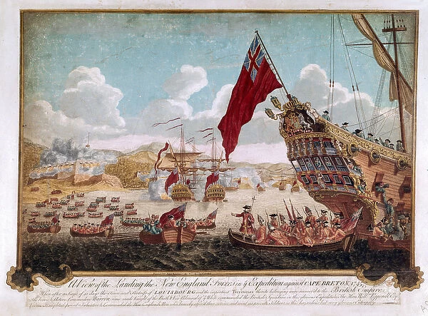 The Capture of Louisbourg, 1745 (line engraving, coloured)