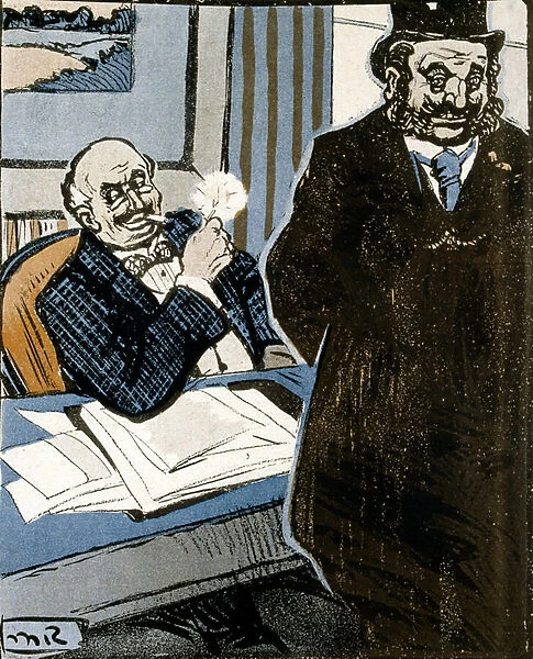 Caricature in L Assiette du Beurre, 1906, depicting two businessmen in a meeting