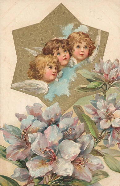 Three cherubs in an image decorated with flowers (colour litho)