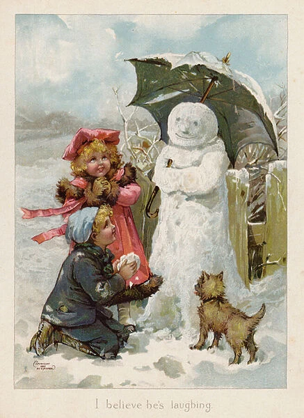 Children imagining a snowman is laughing (chromolitho)