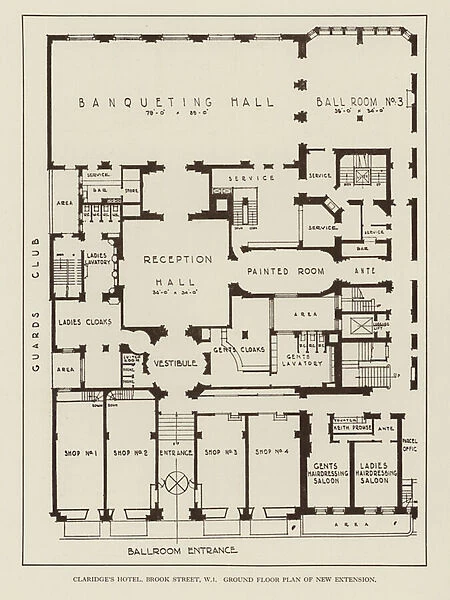 Claridges Hotel, Brook Street, W1, Ground Floor Plan of New Extension (litho)