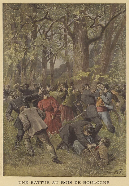 Confrontation between police and vagrants in the Bois de Boulogne (colour litho)