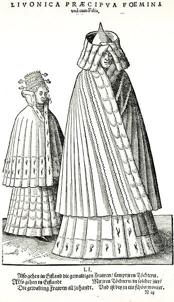 Costumes of a Livonian noblewoman and her daughter, 1577 (engraving) (b  /  w photo)
