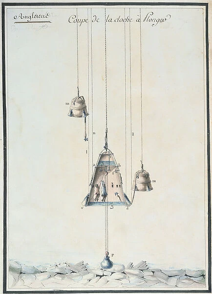 Cross-sectional drawing of a diving bell, 1785 (w  /  c on paper)