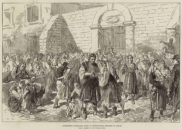 Distributing Charitable Funds to Herzegovinian Refugees at Ragusa (engraving)