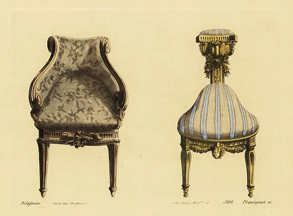 Drawing room armchair and three-leg chair in ornately carved wood with rich fabric in the Louis XVI style