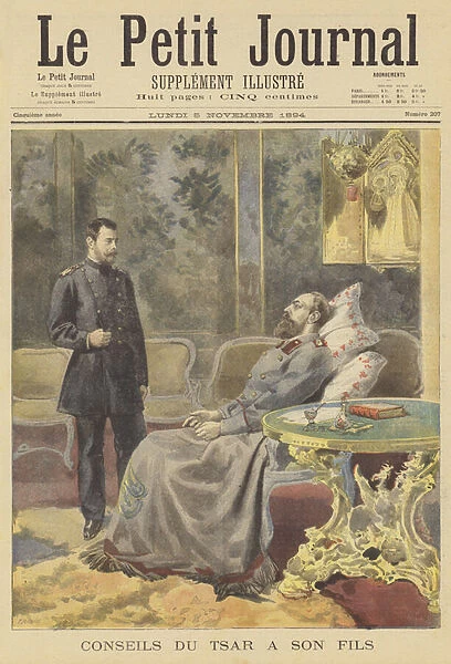 The dying Tsar Alexander III of Russia giving advice to his son (colour litho)