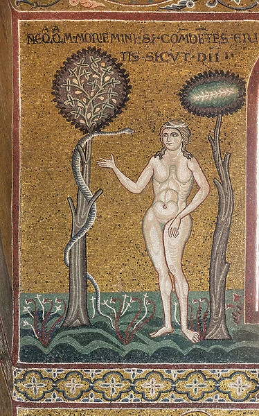 Eve and the tempting serpent, Byzantine mosaic, Old Testament cycle-Earthly Paradise, XII-XIII century (mosaic)