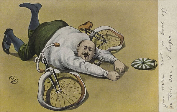 Fat man, fallen off his bicycle (colour litho)