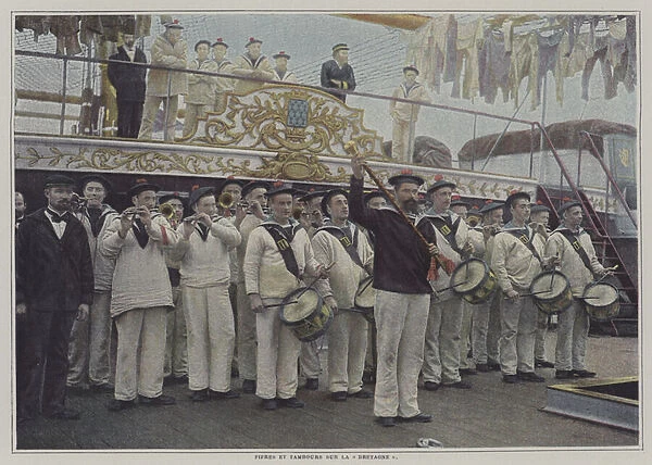 Fifes and drums on board the school ship Bretagne (colour photo)