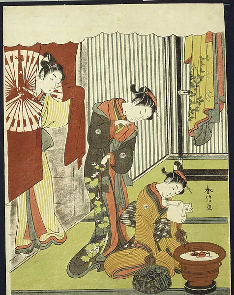 Figures in an interior, a courtesan looking at her shinzo who is reading a love letter